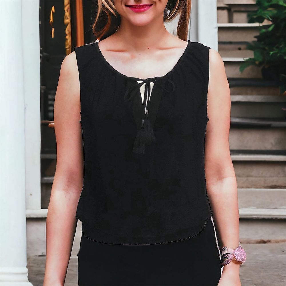 WHBM Black Sleeveless Top with Elastic Waist Pull on Tassels Neckline Sz L
